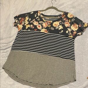 Floral and Striped Short Sleeve Women's Top